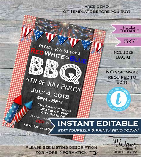 4th Of July Bbq Invitation Editable Red White And Blue Bbq Etsy