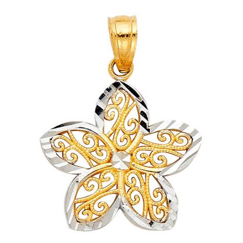 14k Solid Two Tone Gold Flower Pendant For Men Women Gold Flower