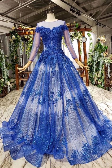 Charming Long Sleeve Tulle Royal Blue Applique Ball Gown Prom Dresses With Beads Okn74 Ball