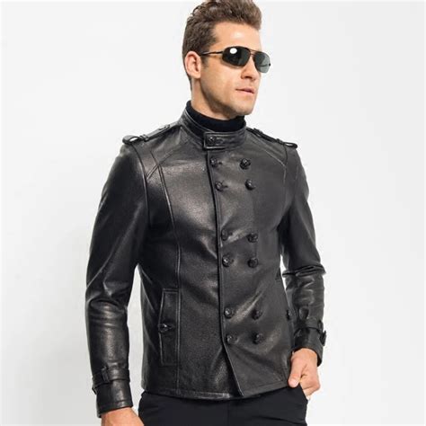 men s genuine leather jacket military style double breasted short style sheepskin coat menfolk