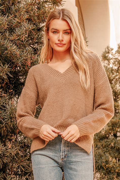 Light Brown Sweater Knit Pullover Sweater V Neck Sweater Lulus