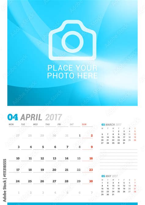 April 2017 Wall Monthly Calendar For 2017 Year Vector Design Print