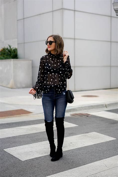 winter date night outfit idea topshop sheer polka dot blouse over the knee boo winter