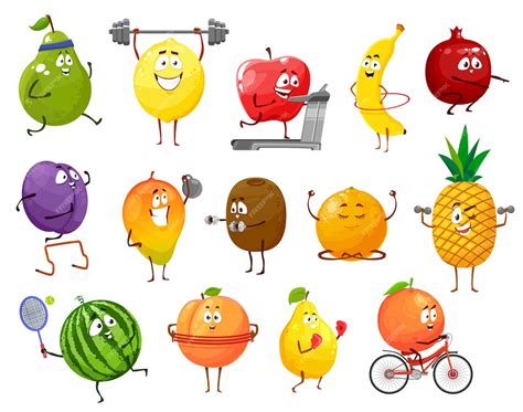 Premium Vector Cartoon Fruits Sportsmen Vector Pear Lemon And Apple Banana Pomegranate And