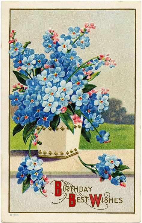 Victorian Postcard Graphics Vintage Birthday Postcard Blue Flower