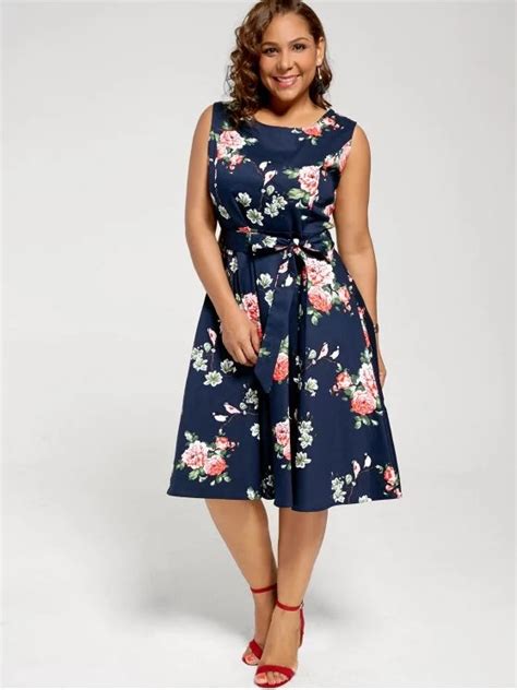 Stunning Floral Sleeveless Plus Size Tea Length Dress Ncocon