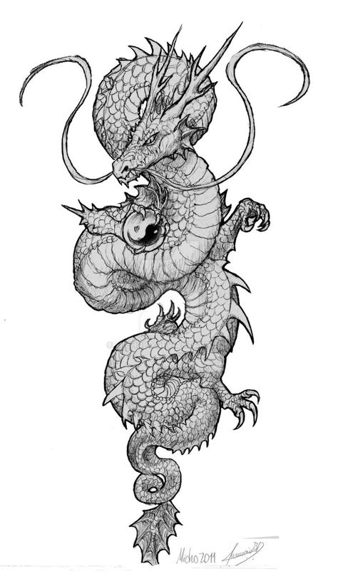 A Black And White Drawing Of A Dragon With Its Tail Curled In The Shape
