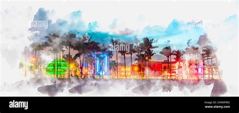 Watercolor Painting Illustration Of Miami Beach Ocean Drive Panorama With Hotels And Restaurants