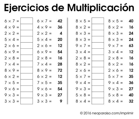 Ejercicios De Tablas De Multiplicar Del 1 Al 10