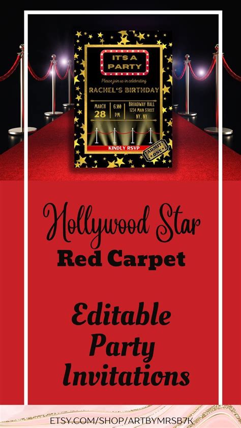 Editable Hollywood Star Movie Night Red Carpet Theme Invitation