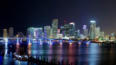 Time Lapse Shot Of The Colorful Miami Skyline At Night Miami