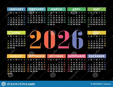 Calendar 2026 Year English Colorful Vector Horizontal Wall Or Pocket