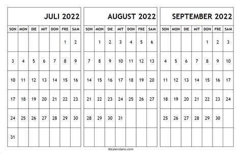 Juli August September 2022 Kalender Drucken 3 Month Calendar 2022