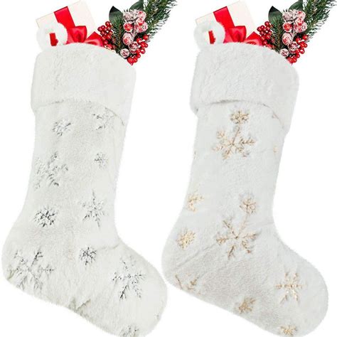 2pcs Plush Christmas Stockings White Faux Fur Hanging Xmas Stockings With Sequin Snowflake For