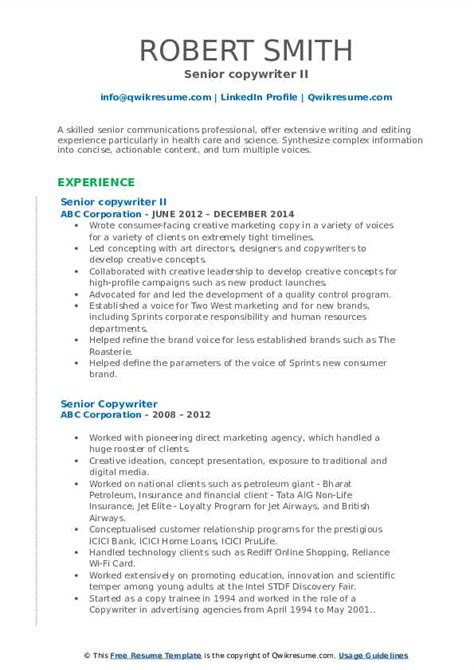 Senior Copywriter Resume Samples Qwikresume