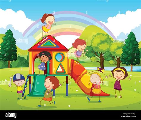 Children Playing At The Playground In The Park Illustration Stock