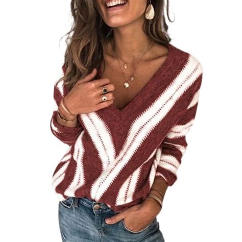 Meihuida Women Autumn V Neck Long Sleeve Sweater Loose Knit Pullover