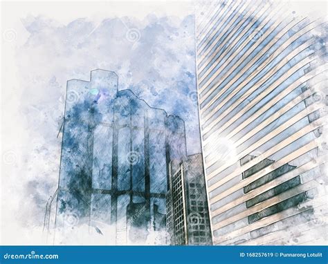 Abstract Offices Building In The City On Watercolor Painting Background