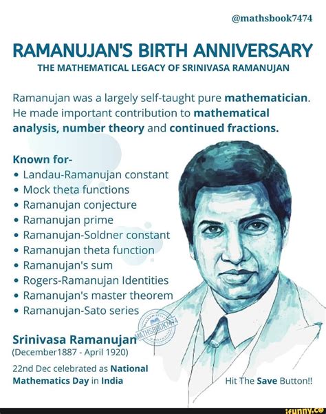 Mathsbook7474 Ramanujans Birth Anniversary The Mathematical Legacy Of