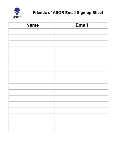 Email Sign Up Sheet Printable