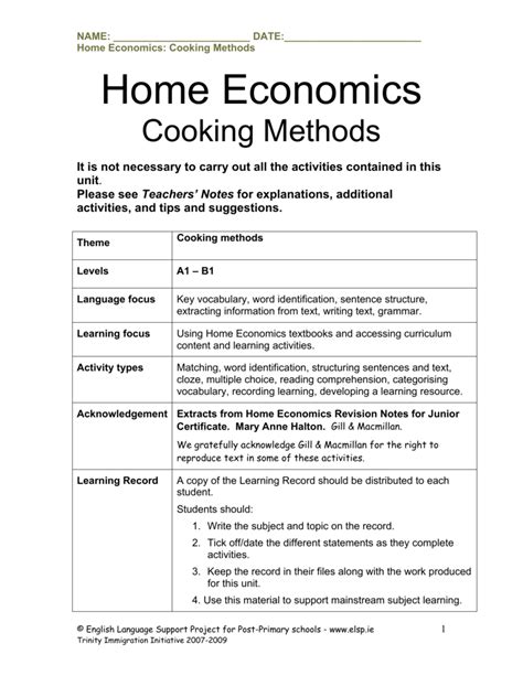 Home Economics Cooking Methods Home