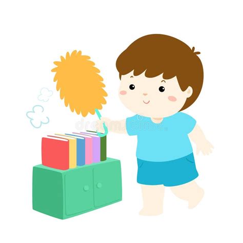 Cute Boy Wiping The Dust From Bookshelf Stock Vector Illustration