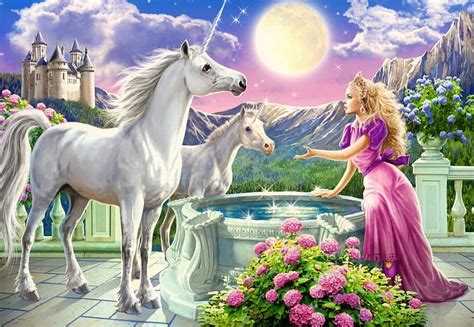 Princess And Her Unicorns Fountain Romantic Unicorn Bonito Magic