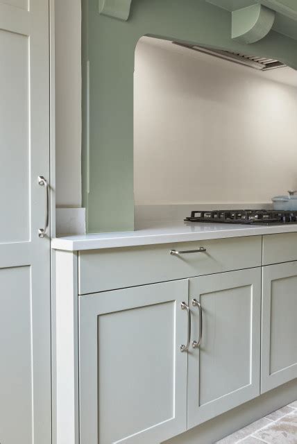 Capri White Gemini Quartz Worktops With Sage Green Cabinetry Rustic