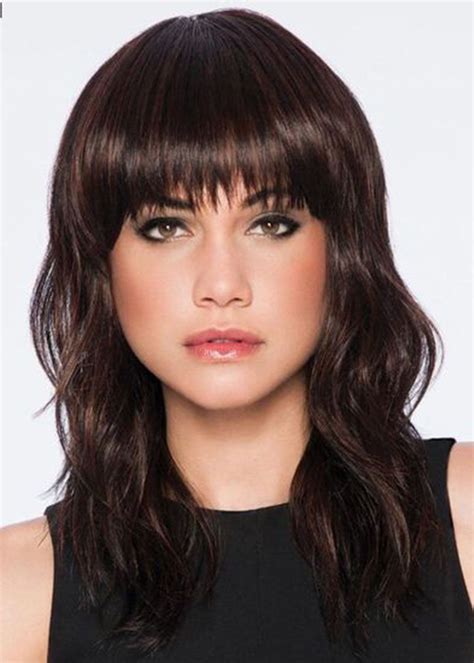 Medium Layered Hairstyle Women S Wavy Synthetic Hair With Bangs Natural Looking Capless Wigs