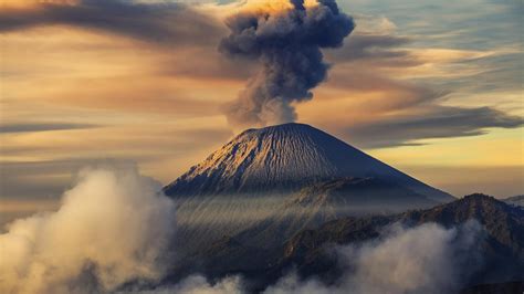 Mountains Smoke Volcano Sky Wallpaper Coolwallpapersme