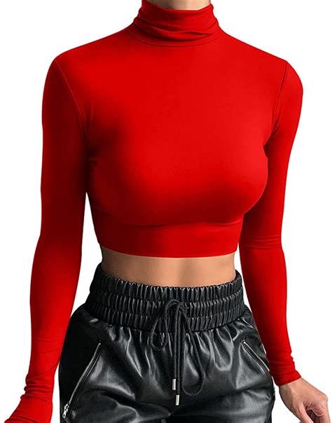 Red Crop Top Outfit Long Sleeve Cropped Top Outfits Red Shirt Outfits Red Long Sleeve Crop