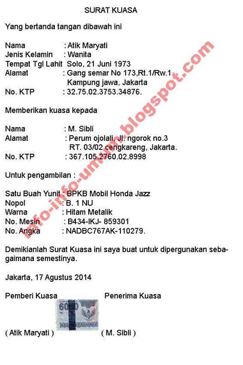 Dalam hal pelimpahan wewenang dimaksud, maka pemberi wewenang harus memberikan surat kuasa. Contoh surat kuasa