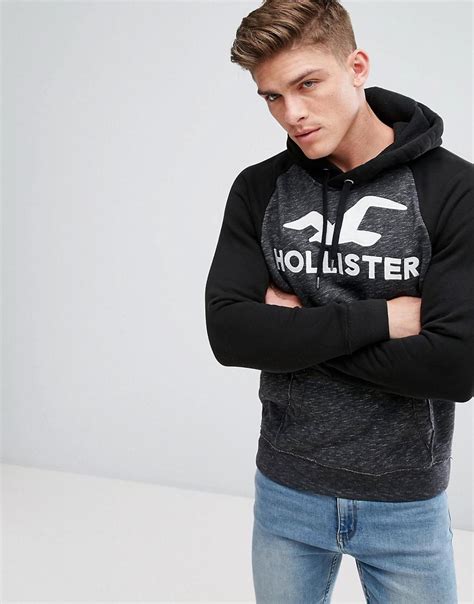 Hollister Cotton Hoodie Tech Logo Raglan Contrast Sleeve In Black Marl