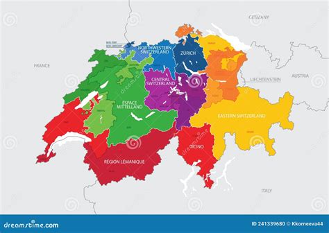 Mapa De Suiza Con Regiones Y Cantones Ilustraciones Vectoriales