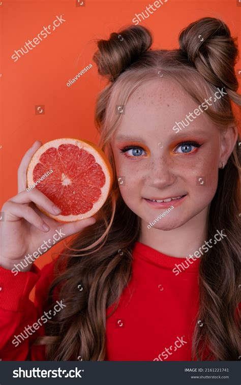 Pretty Tween Girl Orange Grapefruit Isolated Stock Photo 2161221741