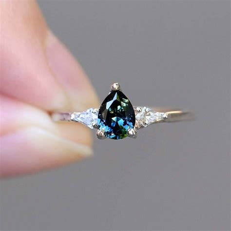 Pear Teal Blue Sapphire Trilogy Diamond Engagement Ring Sapphire