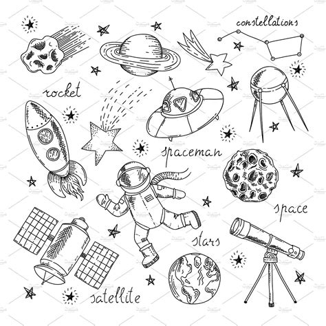 Space Hand Drawn Elements Set Space Drawings Art Journal Cover How