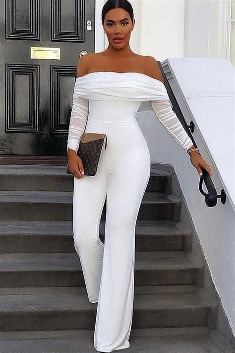 White Off Shoulder Mesh Splicing Long Sleeve Casual Jumpsuit Jumpsuit Elegant White Outfits