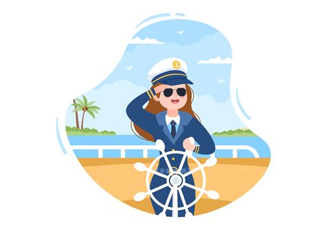 Woman Cruise Ship Captain Cartoon Illustration In Sailor Uniform Riding