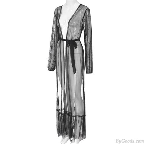 Sexy Dot Long Sleeve Sleepwear See Through Mesh Nightgown For Women Kimono Gown Long Dress
