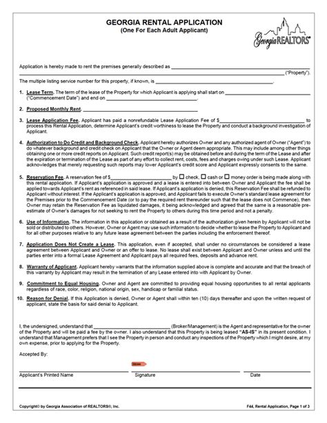 Free Georgia Rental Application Form F44 Pdf