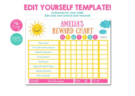 Editable Reward Chart For Kids Sunshine Reward Chart Chore Etsy