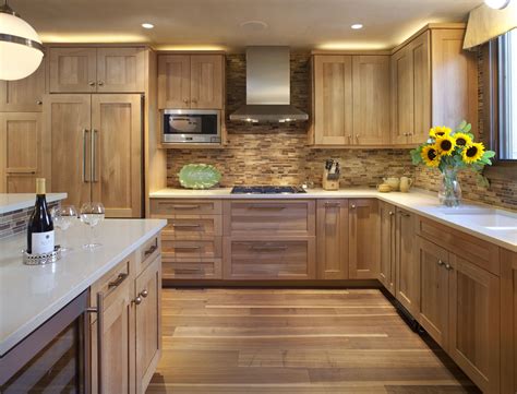 The total effect can be breathtaking. White oak kitchen with wooden tile backsplash | Wooden kitchen cabinets, Hickory kitchen ...