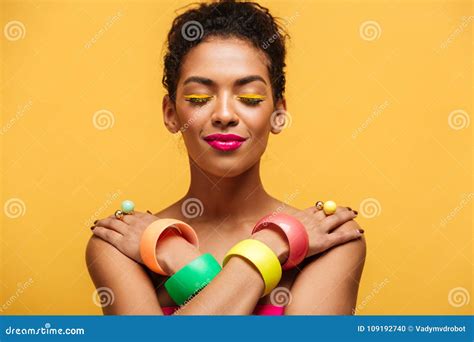 Closeup Photo Of Satisfied Naked Mulatto Woman With Fashion Make Stock Photo Image Of Makeup