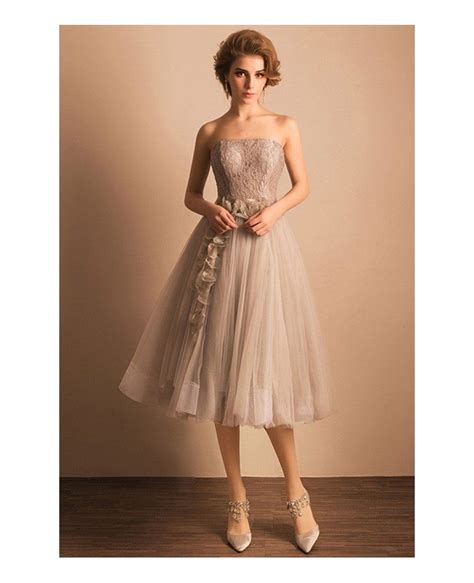 retro tea length wedding dresses tulle strapless a line style with lace tj103 130