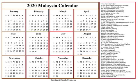 Free 2020 Printable Malaysia Calendar With Holidays Pdf Calendar Dream