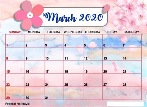 Cute March 2020 Calendar Desktop Wall Paper 12 Month Printable