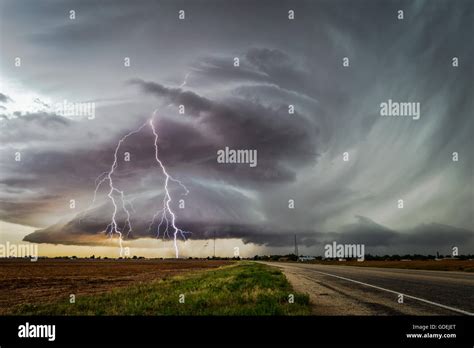 Supercell Thunderstorm Lightning Strike Near LaMesa Texas USA Stock