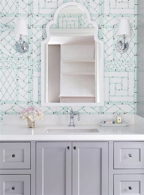 Pale Blue Trellis Wallpaper With Light Gray Bath Vanity Transitional