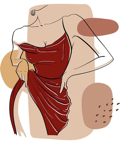 Sexy Woman Hand On Hip Hot Body Posing In Red Dress Nordic Minimalist Figures Line Art Drawing